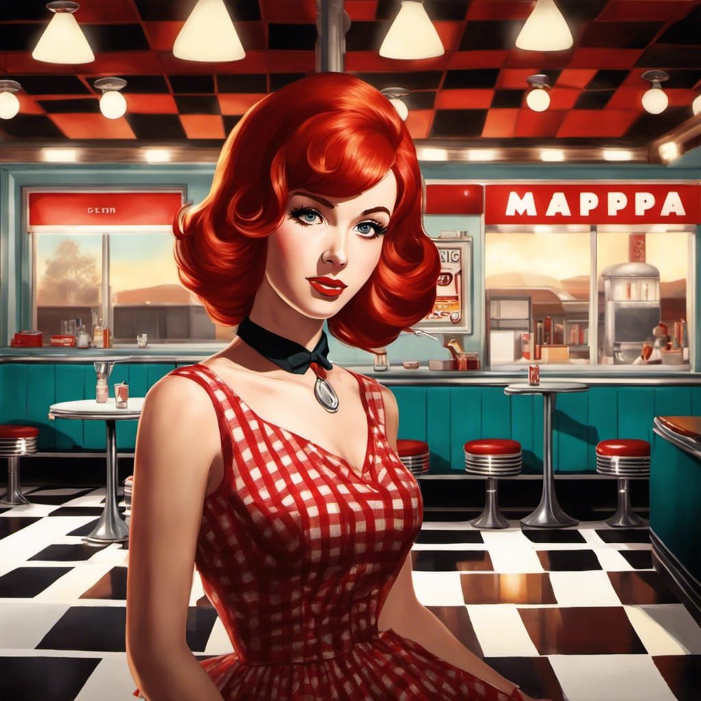 Anime Portrait: Redhead in 1960s Diner