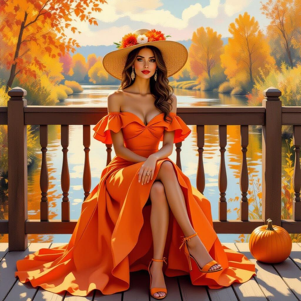 Autumn Woman in Orange Dress, Impressionist Style