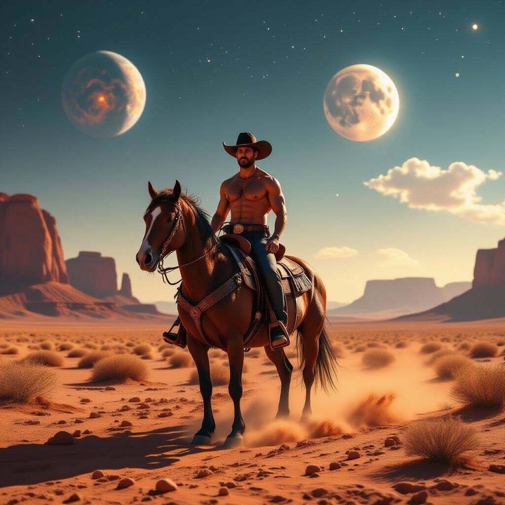 Cowboy Rides Horse Through Alien Desert Under Twin Moons
