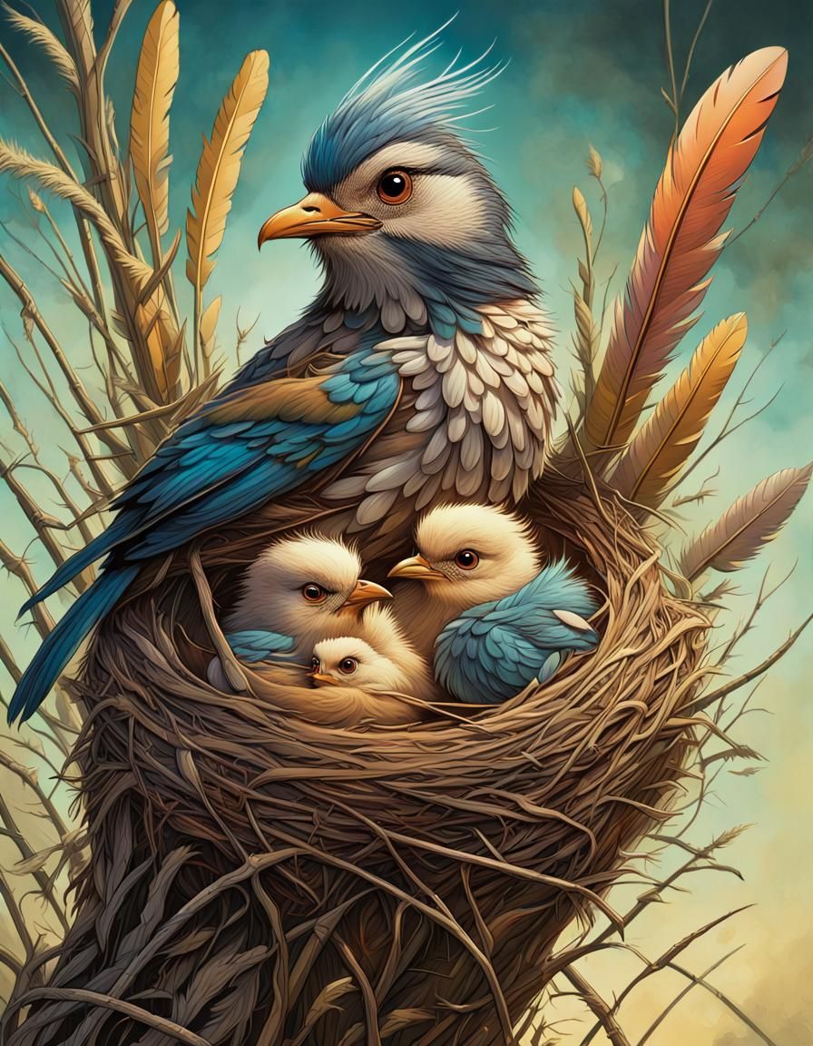 Anthropomorphic Mother Bird and Chicks in Nest