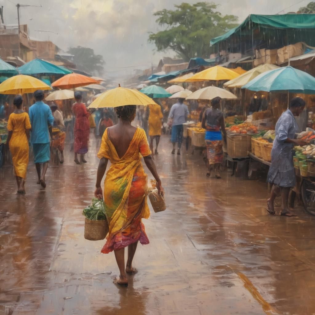 Impressionist Painting of Rainy Market Scene in Africa
