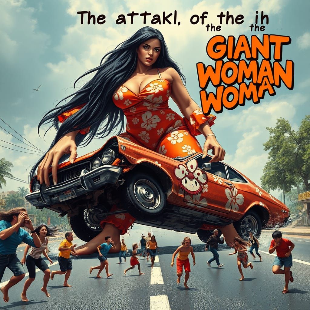 Giant Woman Crushes Car in Comic Book Style