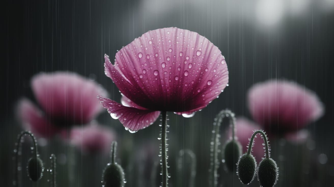 Pink Poppy in the Rain: Moody Cinematic Close-Up
