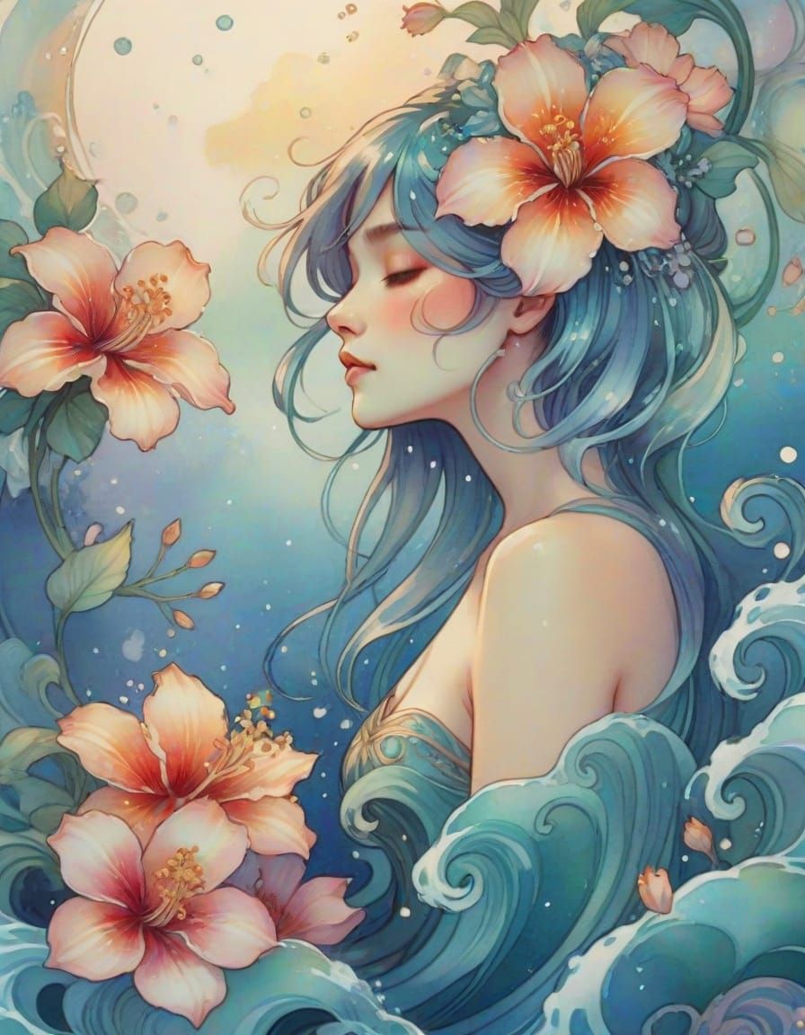 Art Nouveau Woman Rises from Ocean Depths