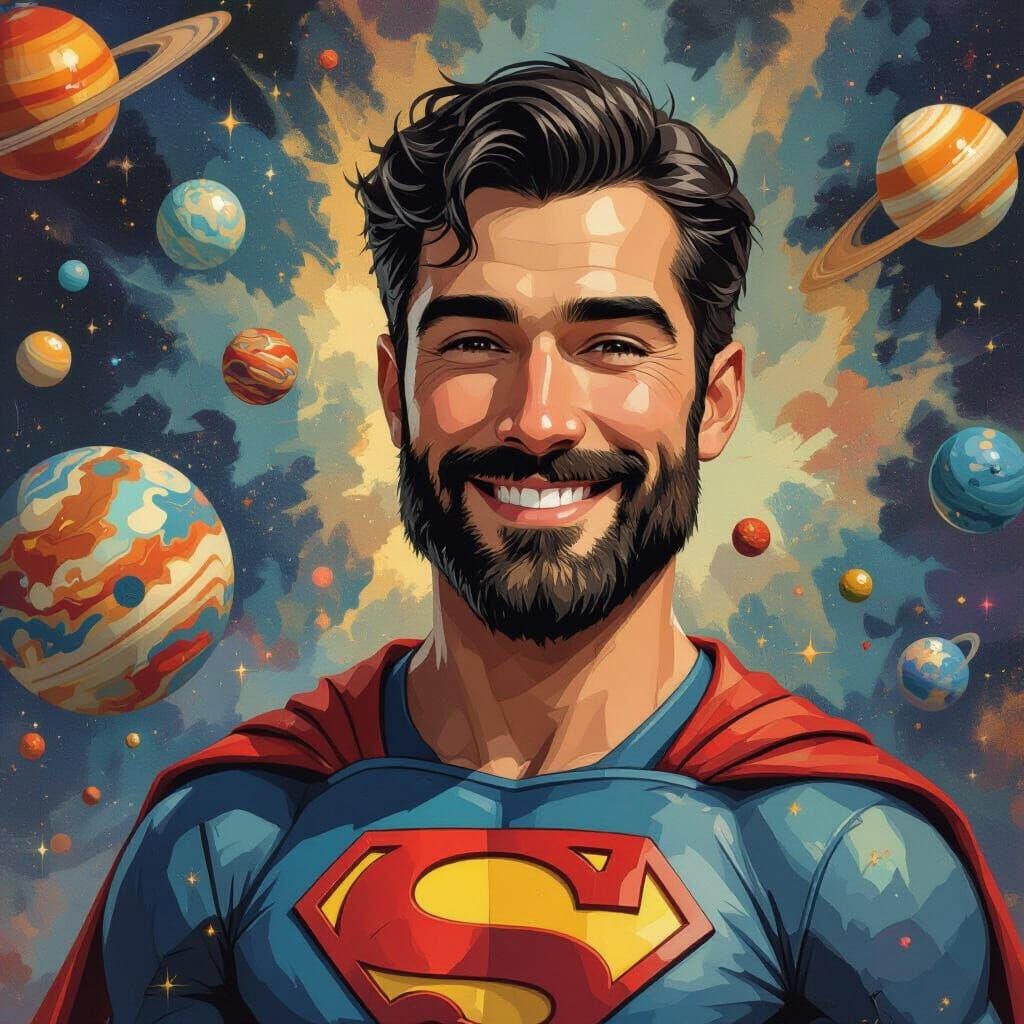 Joyful Superman Among Planets in Vintage Digital Art
