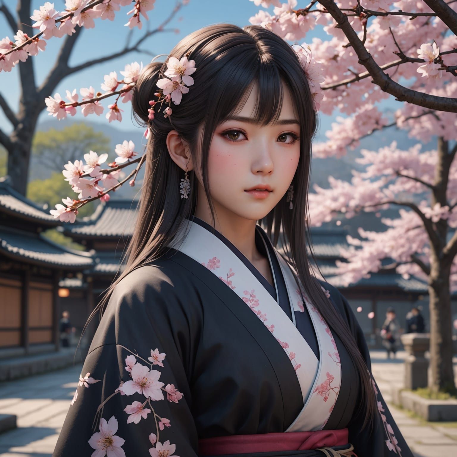 Japanese Gothic Anime Girl in Cherry Blossoms