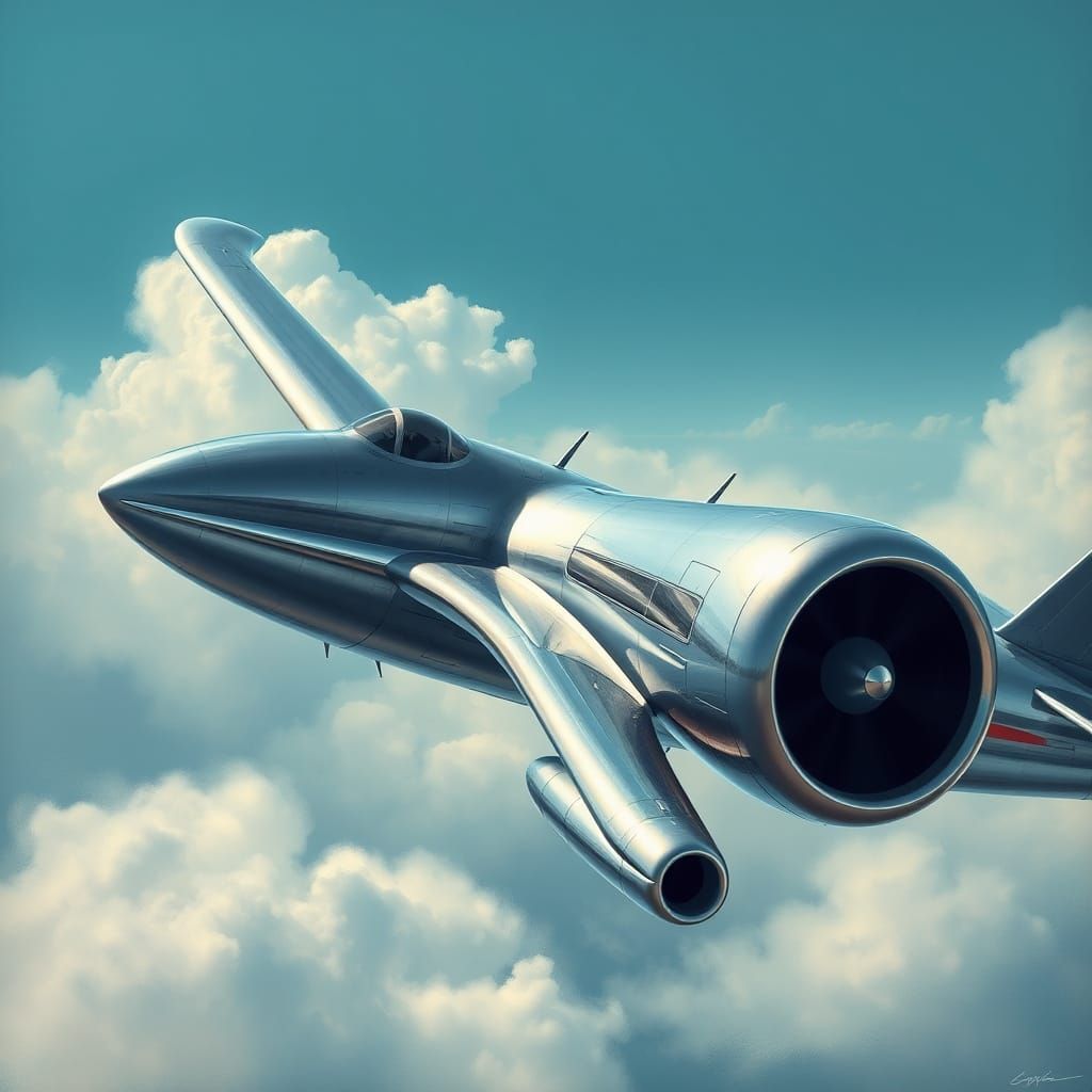 Futuristic Biplane Jet Airliner in Metallic Silver and Chrom...