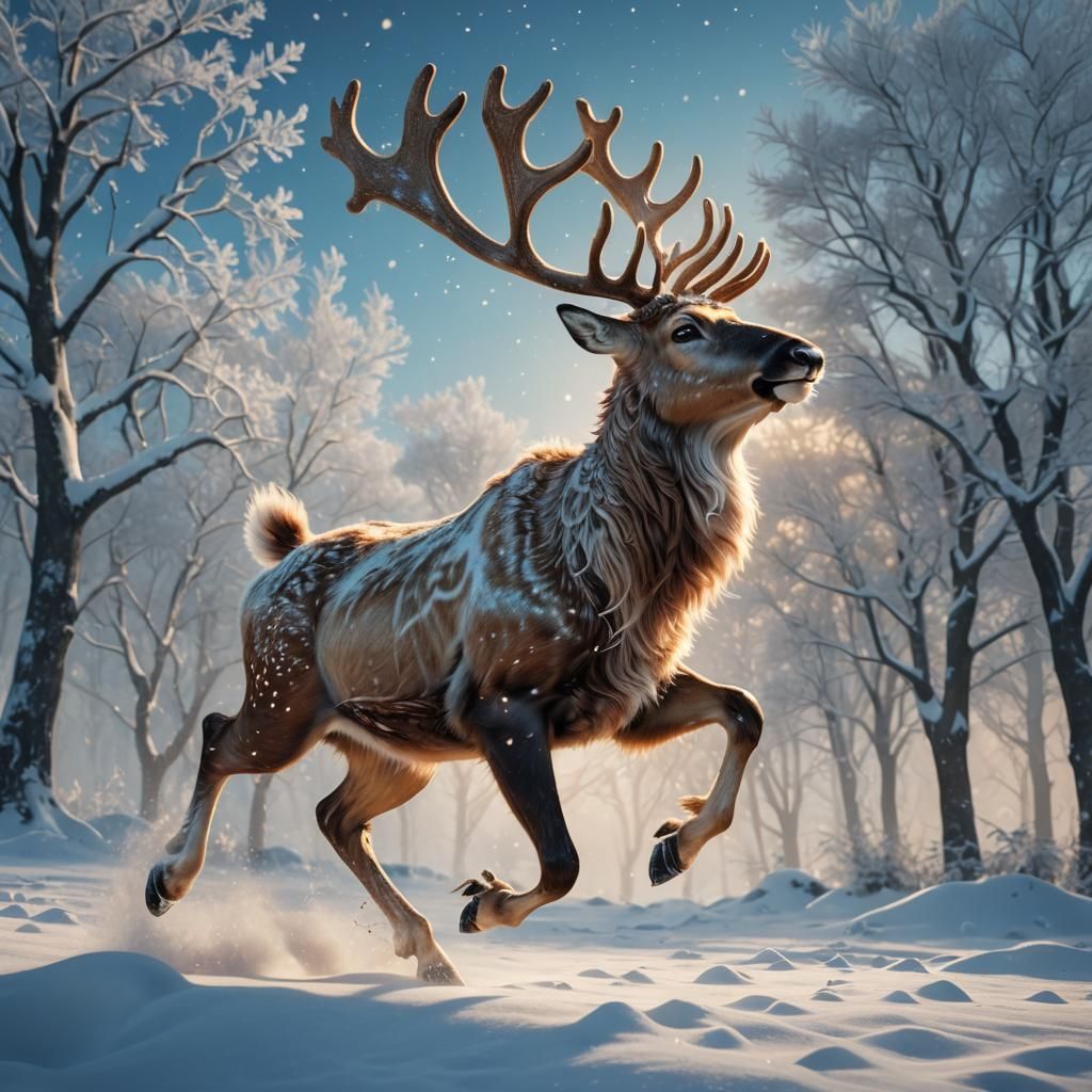 Reindeer Leaping in Winter Wonderland: Digital Matte Paintin...