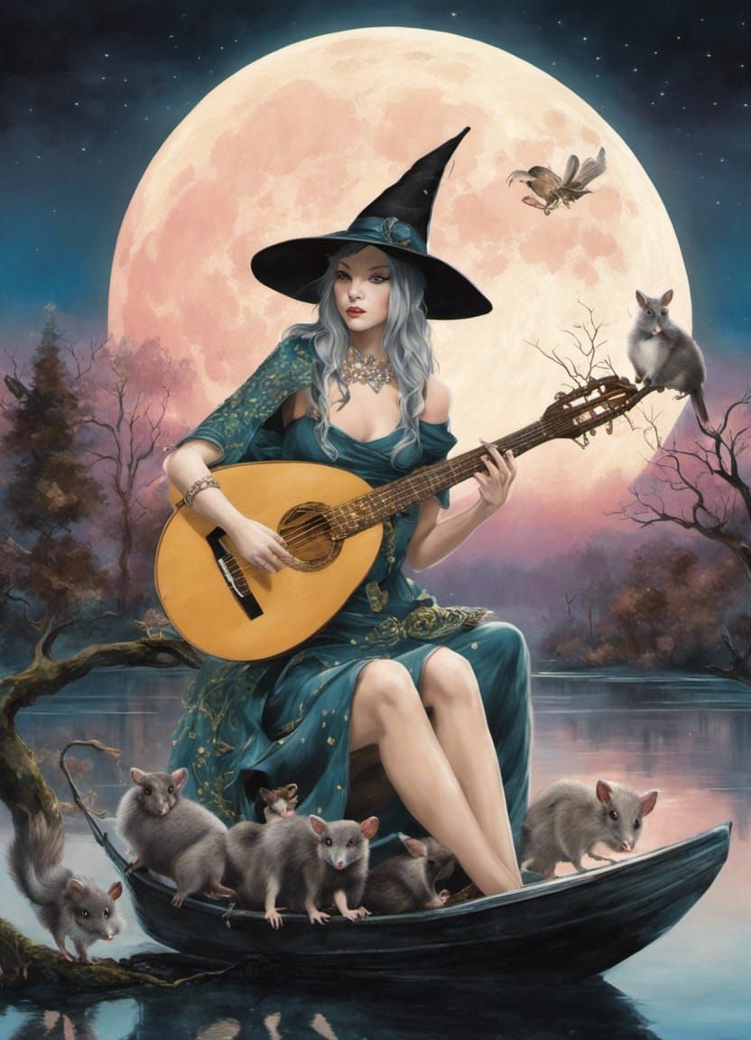 Enchanting Witch Plays Lute for Possums