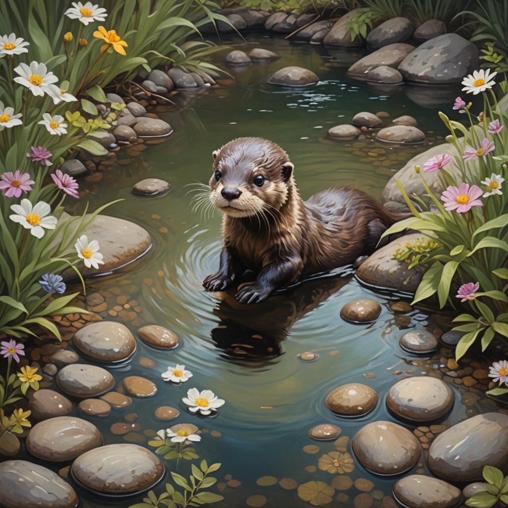 Baby Otter's River Playtime: An Oil Painting