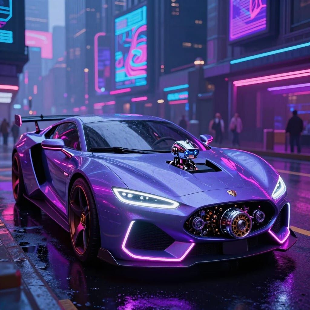 Futuristic Cyberpunk Car with Steampunk Engine in Neon City