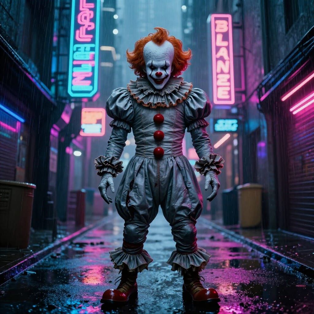 Cyberpunk Pennywise in Neon Alleyway