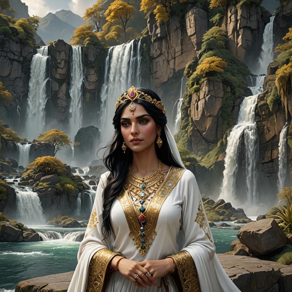 Persian Goddess Portrait with Waterfalls in Fantasy Art
