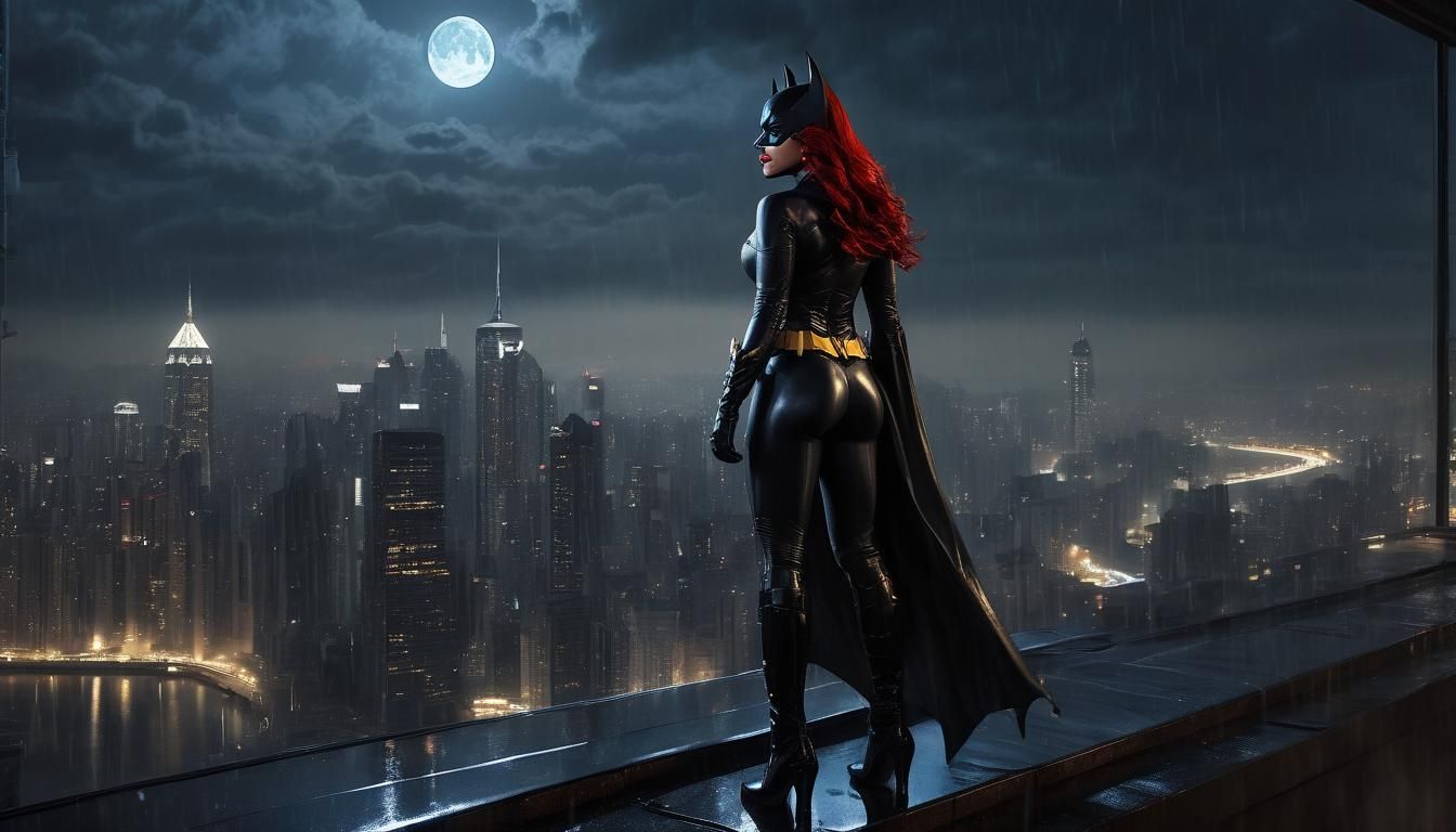 Batgirl and Batwoman in Rain-Soaked City, Digital Illustrati...