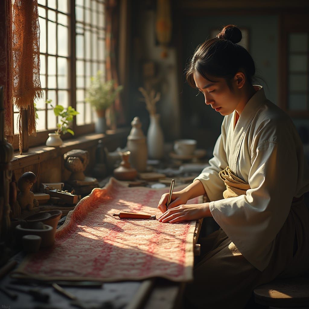 Meiji Artisan Creates Shibori Tapestry, Tilt-Shift Style