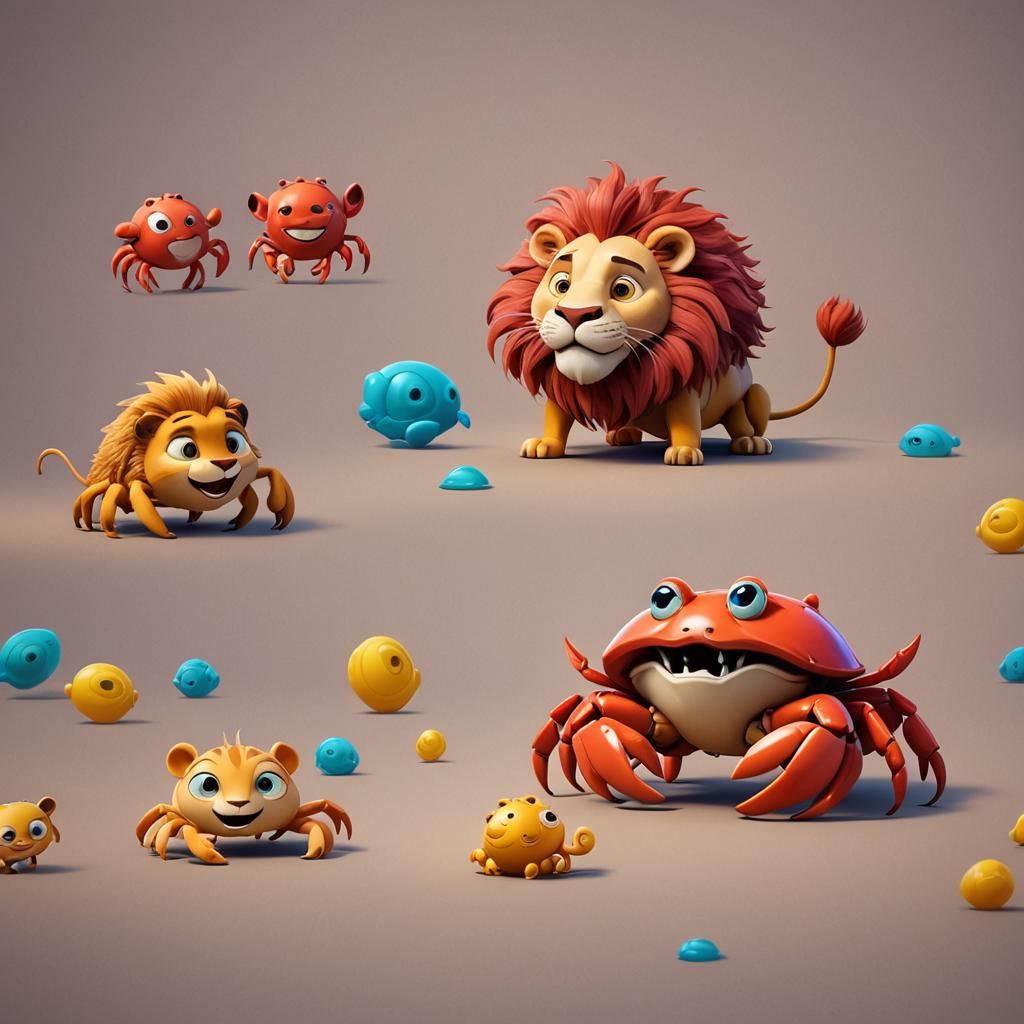 Cute Crab and Lion Cub Sidekicks in 3D Style