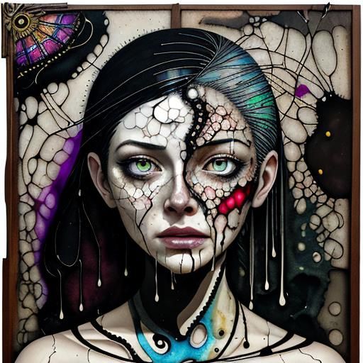 Mixed Media Woman's Portrait with Ink Drips