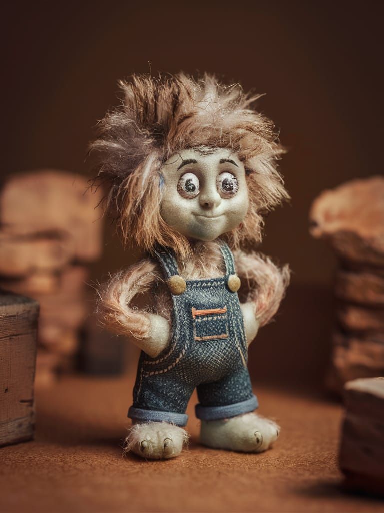 Whimsical Fluffy Character in Overalls