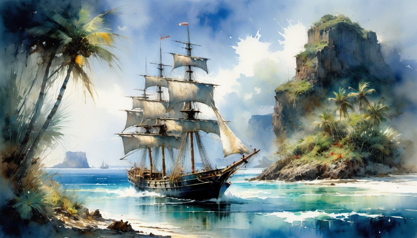 Vibrant Watercolor Sailing Ship in Tropical Paradise