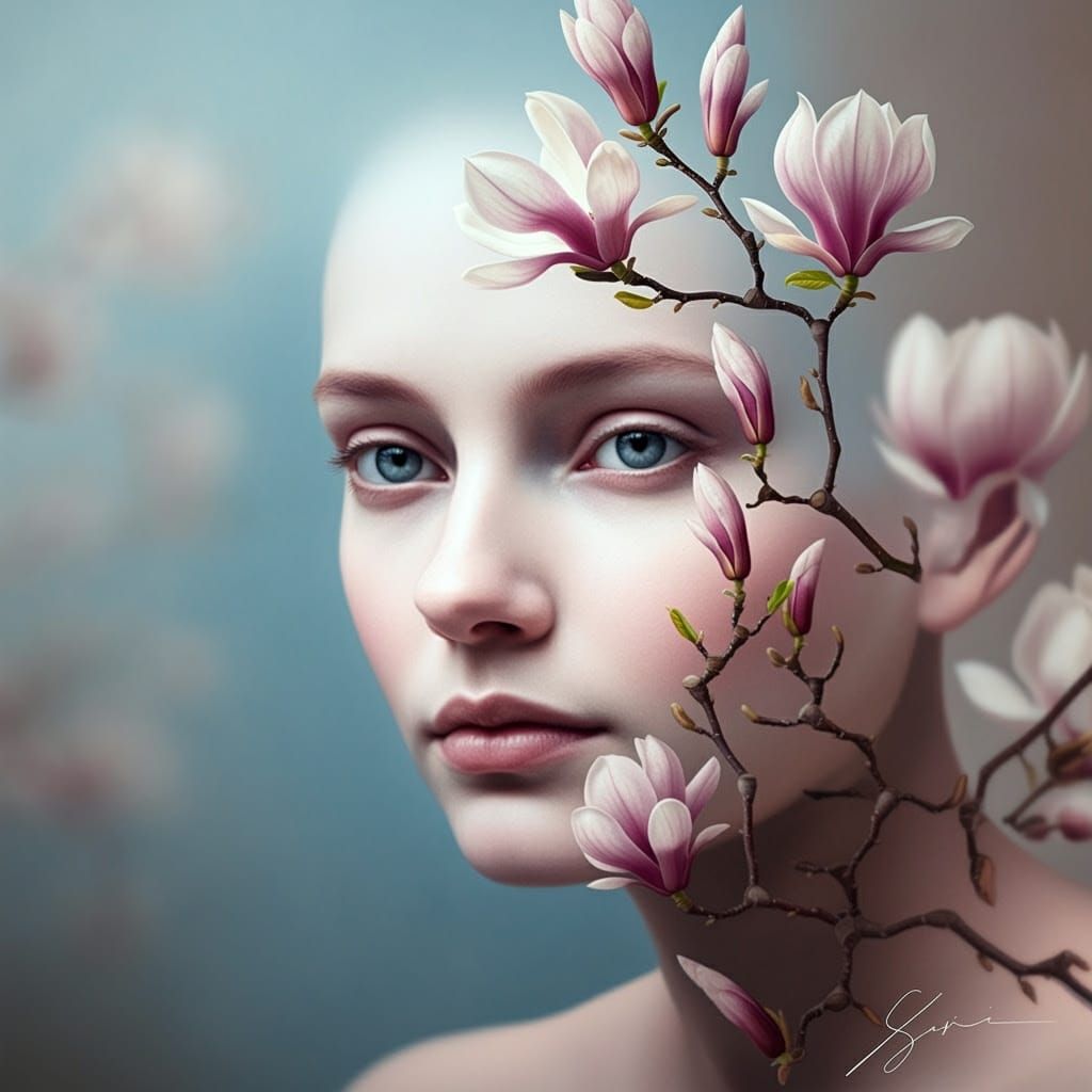 Ethereal Floral Face in Dreamlike Magnolia Blossom Arrangeme...