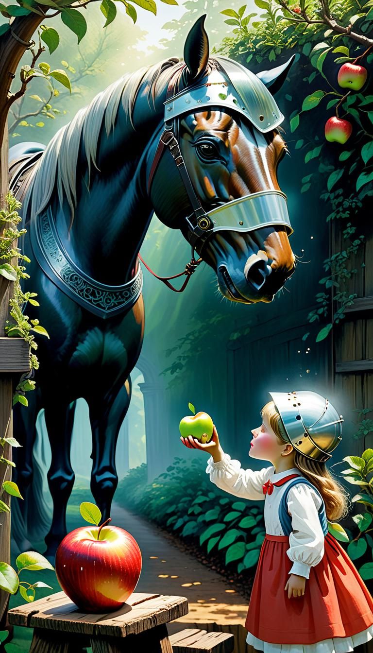 Girl Feeds Armored Horse: Watercolor Illustration