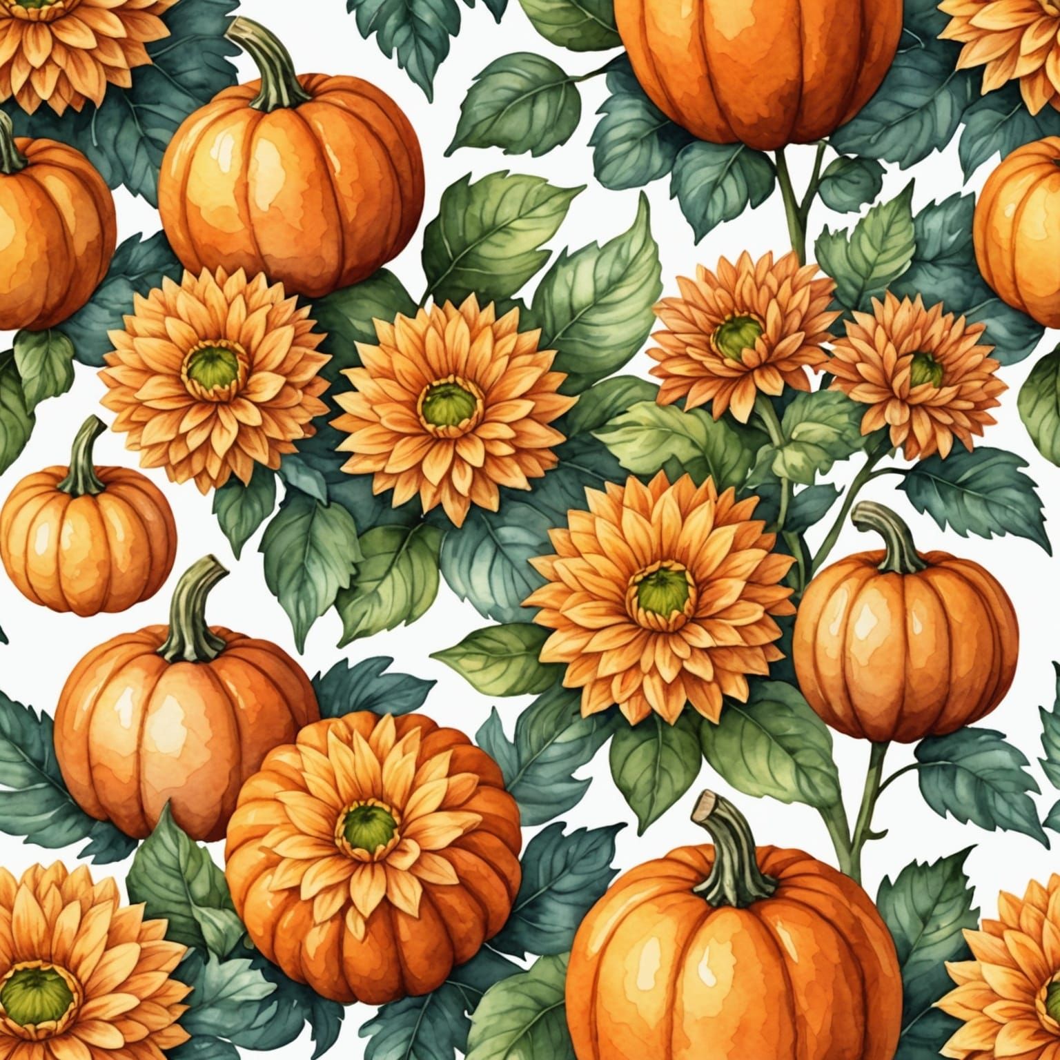 Watercolor Mums and Pumpkins Fall Arrangement