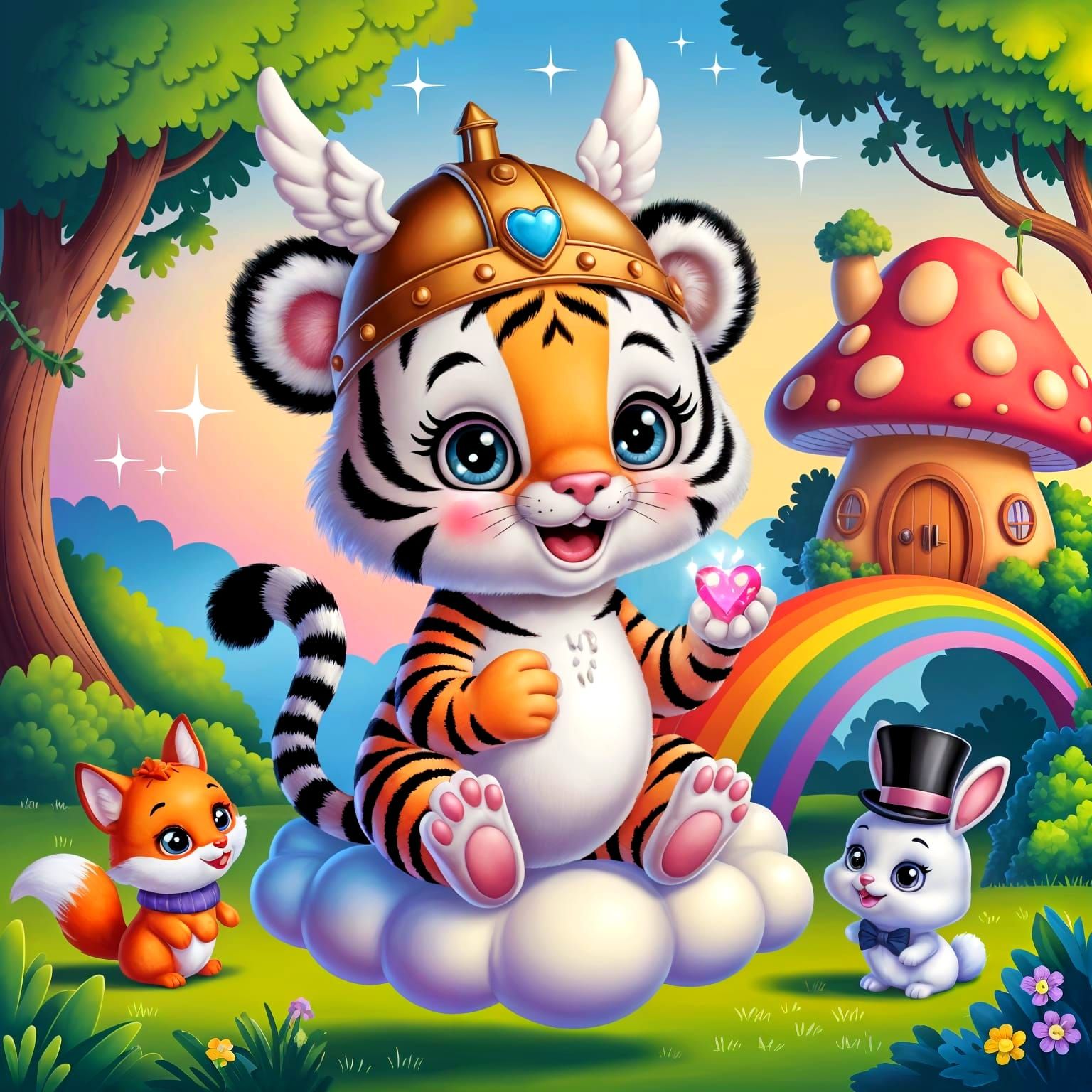 Pastel Baby Tiger on Cloud in Magical Forest