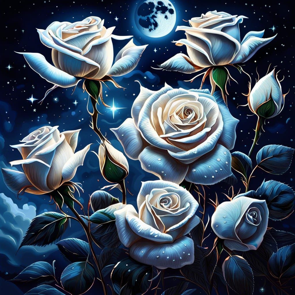 Hyperrealistic White Roses Under Moonlit Sky