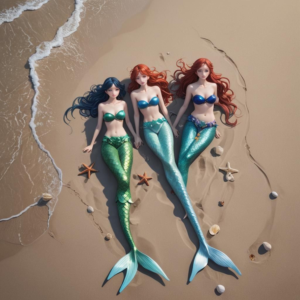 Three Mermaids on the Beach in 3D Anime Art