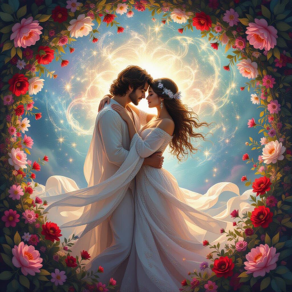 Ethereal Lovers Embrace Amidst Cosmic Floral Frame