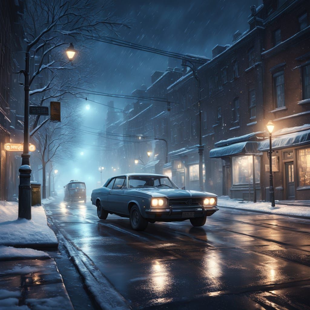 Snowy City Street at Night in Digital Painting Style