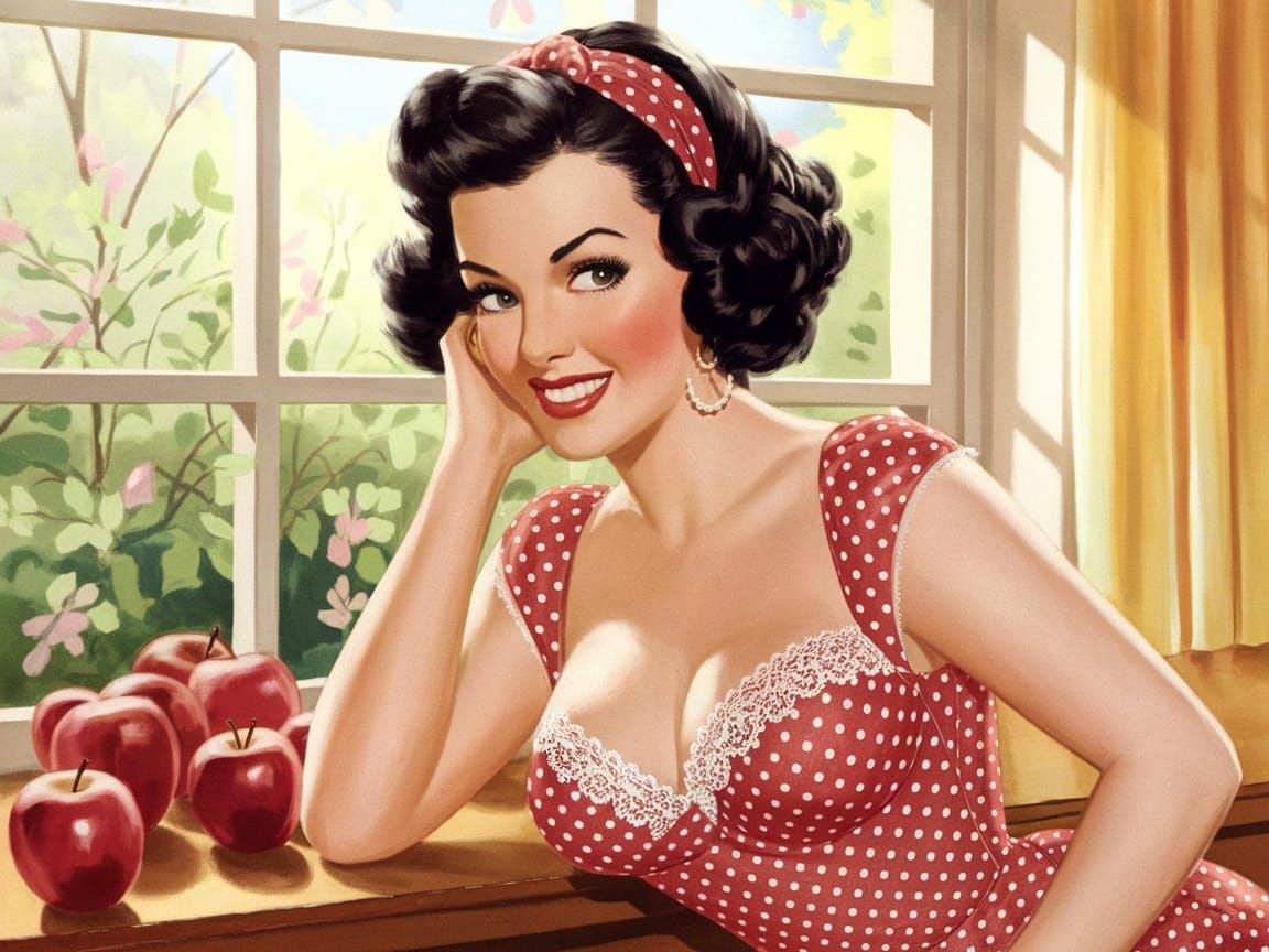 Vintage Pin-Up Beauty Among Spring Apples