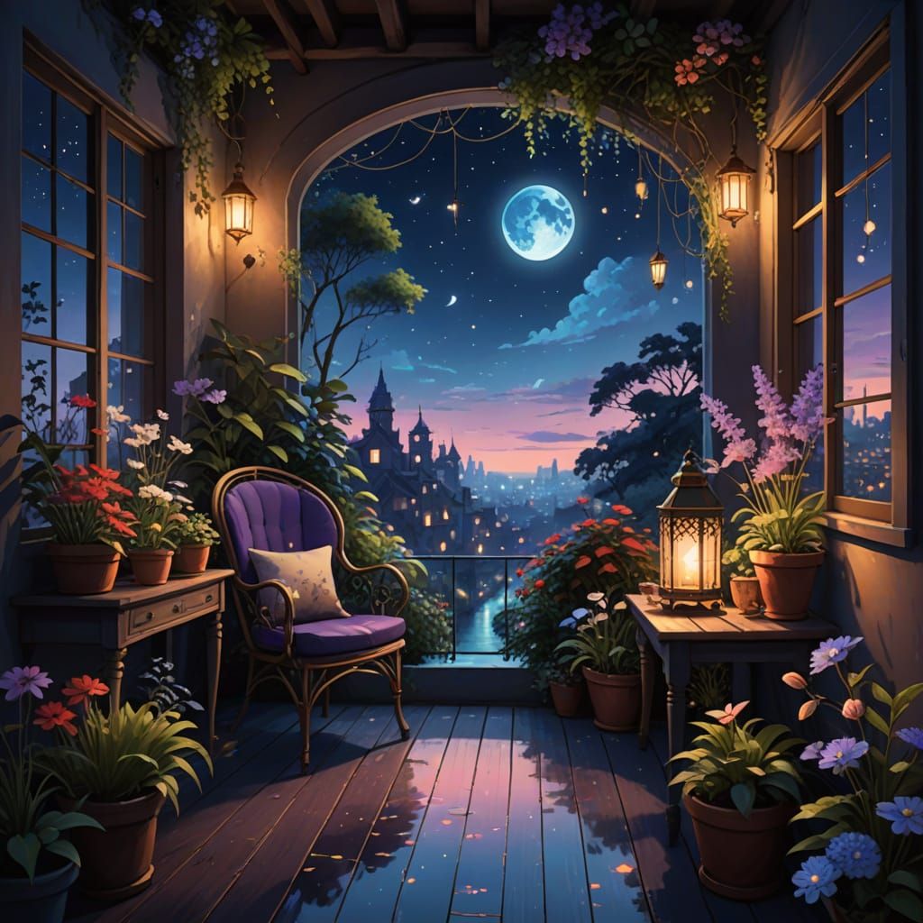 Dreamy Balcony at Night with Galaxy Pool