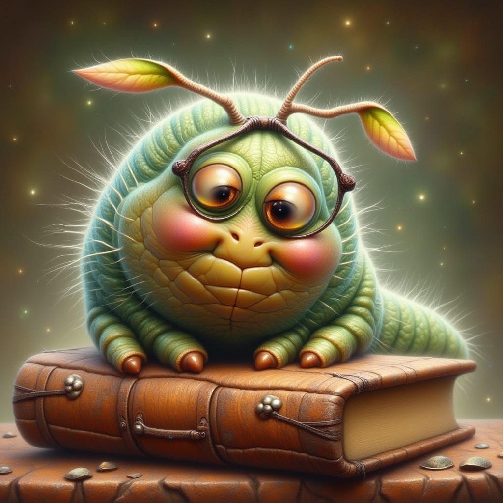 Excited Caterpillar Reading a Book, Fantasy Illustration