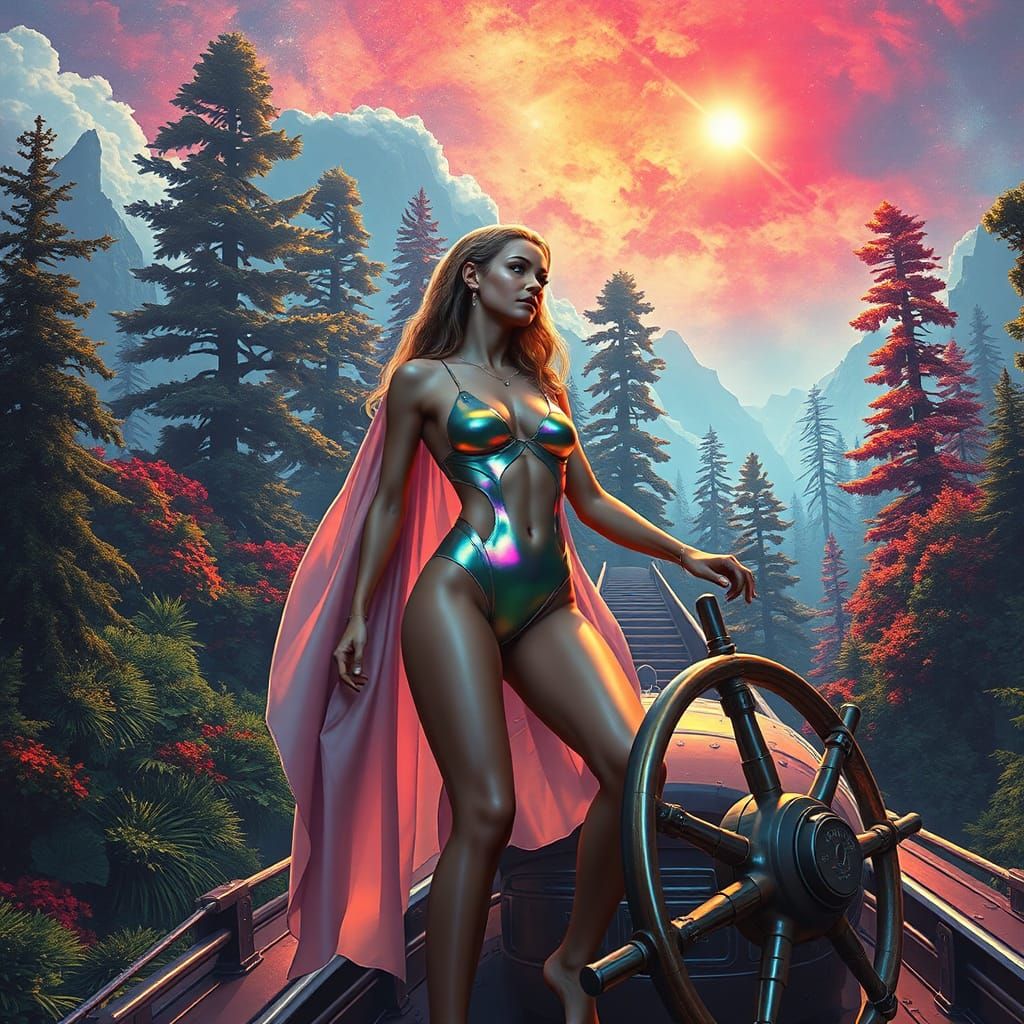 Futuristic Woman on Forest Ship with Nebula Sky