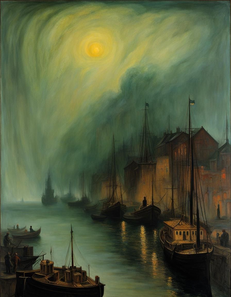 Ethereal Fog Rolls Over Harbor: Surrealist Impression