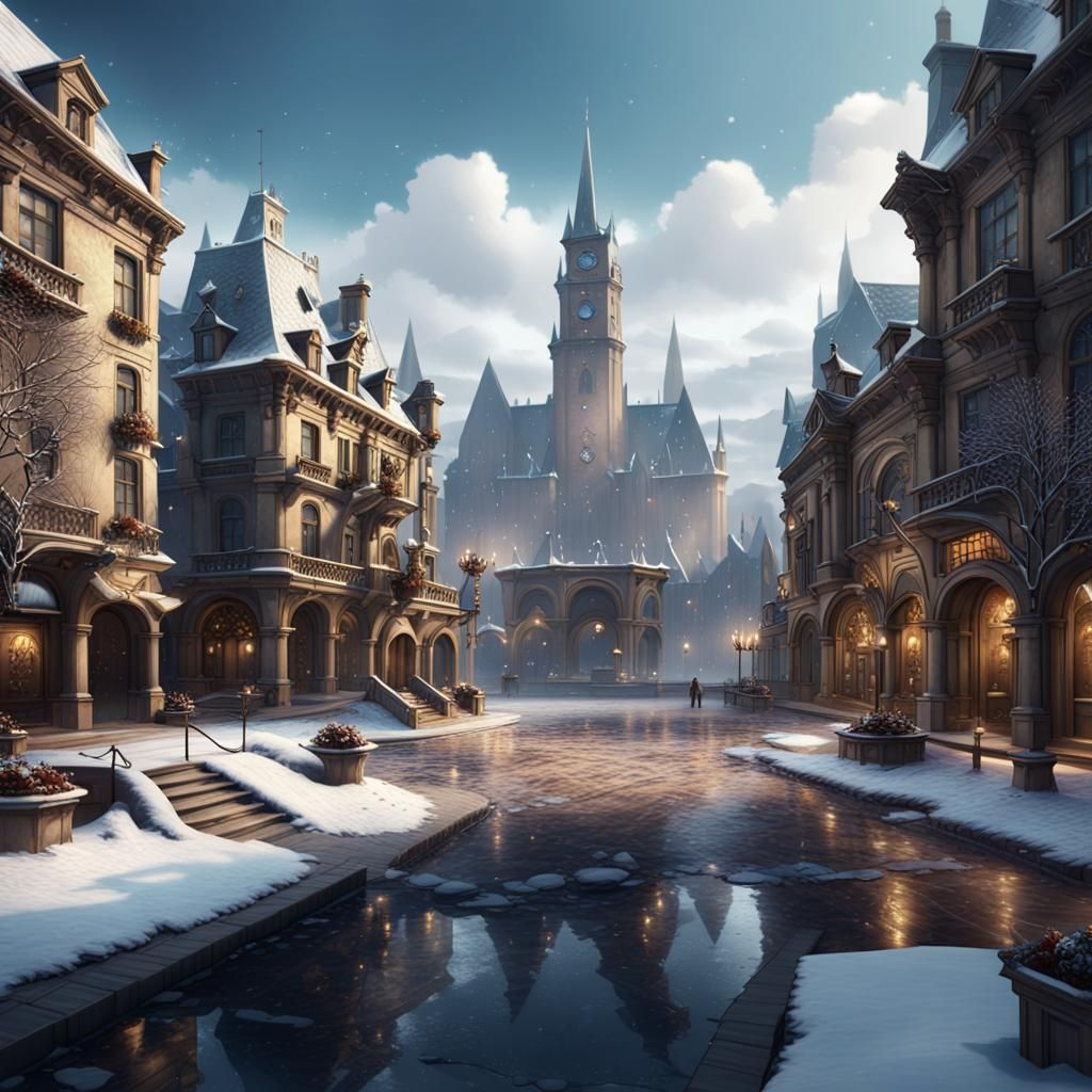 A Fantastical Winter Town Plaza in Vivid Colors