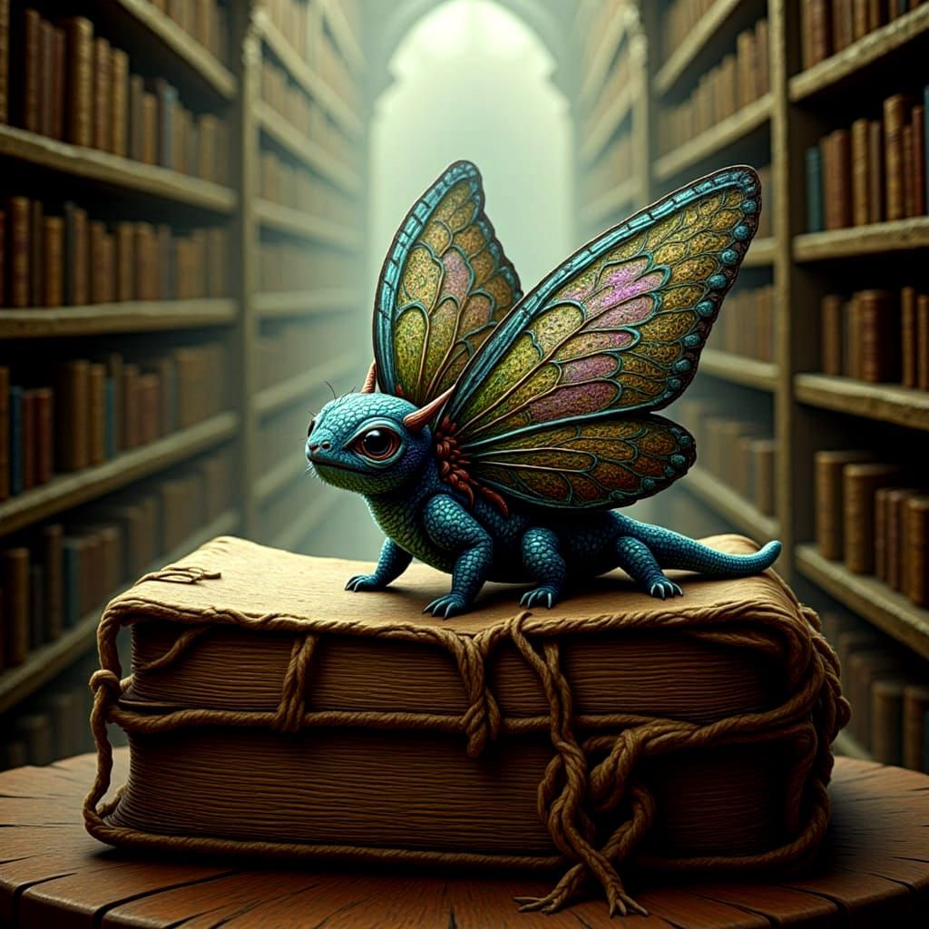 Butterfly Reader in Mystical Library, Whimsical Illustration