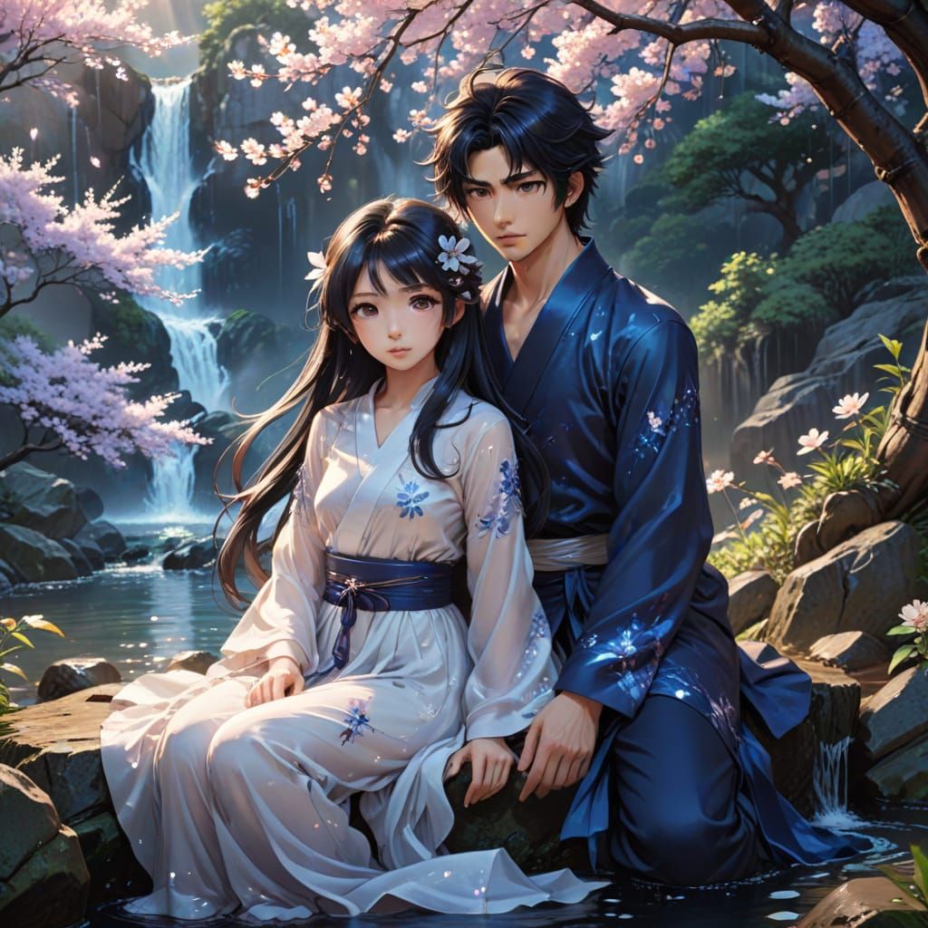 Anime Couple on Waterfall Lake Edge by Gnarled Cherry Tree