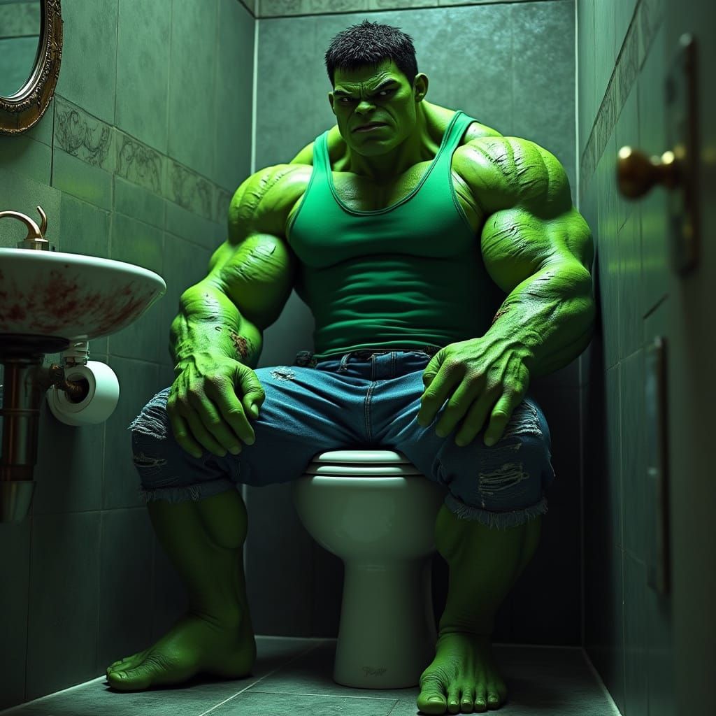 Hulk in Dark Surrealist Bathroom Scene