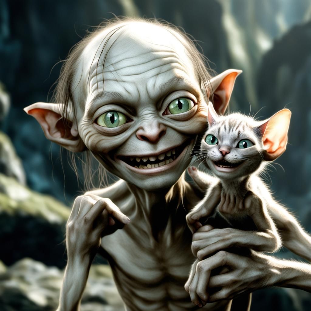 Gollum's Tender Moment: Smiling with Kitten