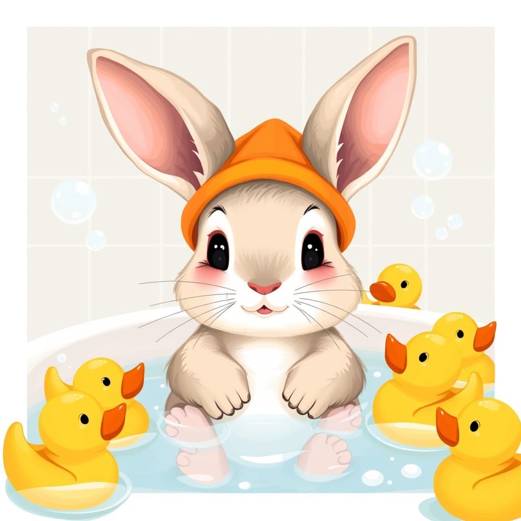 Whimsical Bunny Bath Time: A Digital Art Illustration