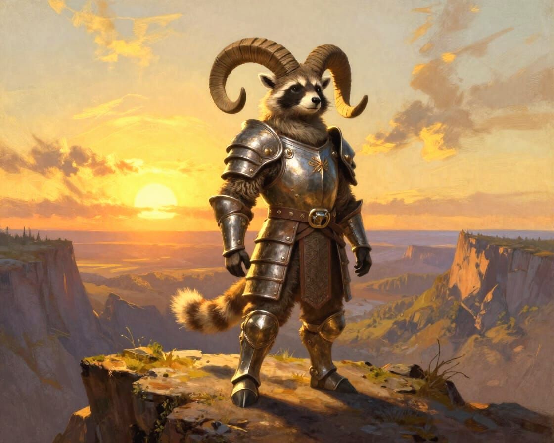 Fierce Ram-Raccoon Warrior in Armor on Cliff