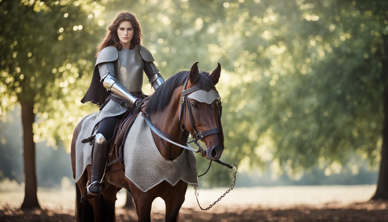 Elegant Female Knight in Silver Armor Rides Chestnut Horse