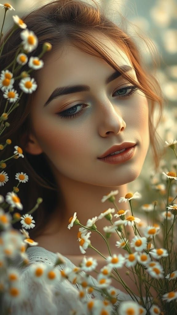 Woman Amidst Soft Focus Chamomile Blooms in a Dreamy Impress...