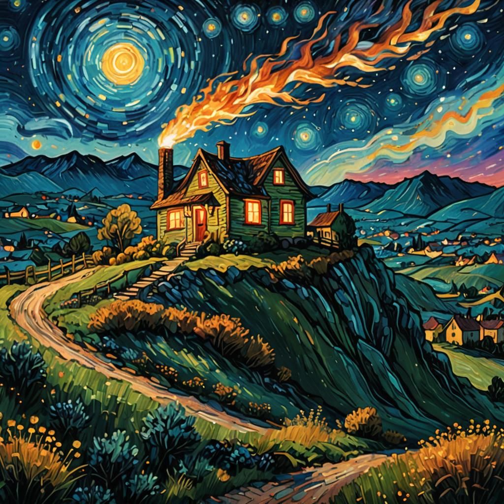 Comet Lights Up Hillside Cottage: Van Gogh Style