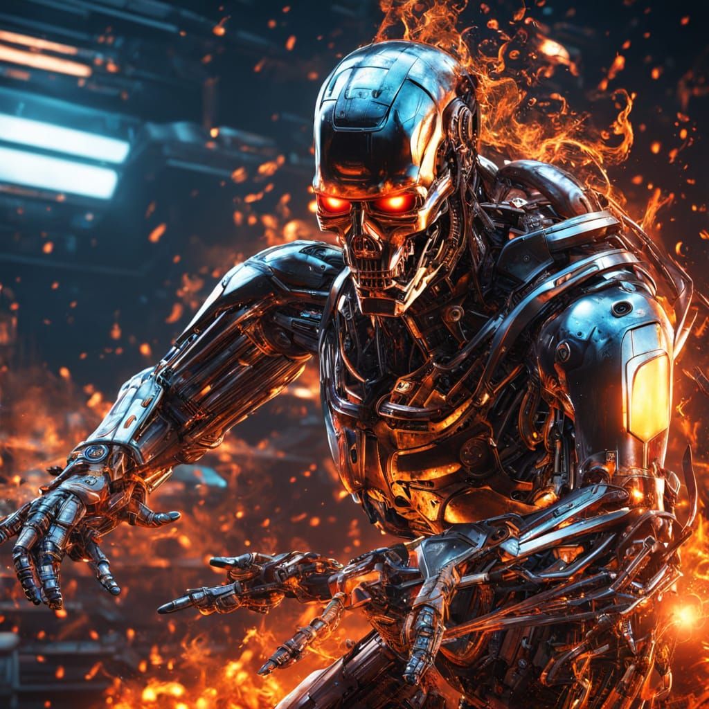 Cyberpunk Terminator in Liquid Metal Form, Dynamic Sci-Fi Ac...