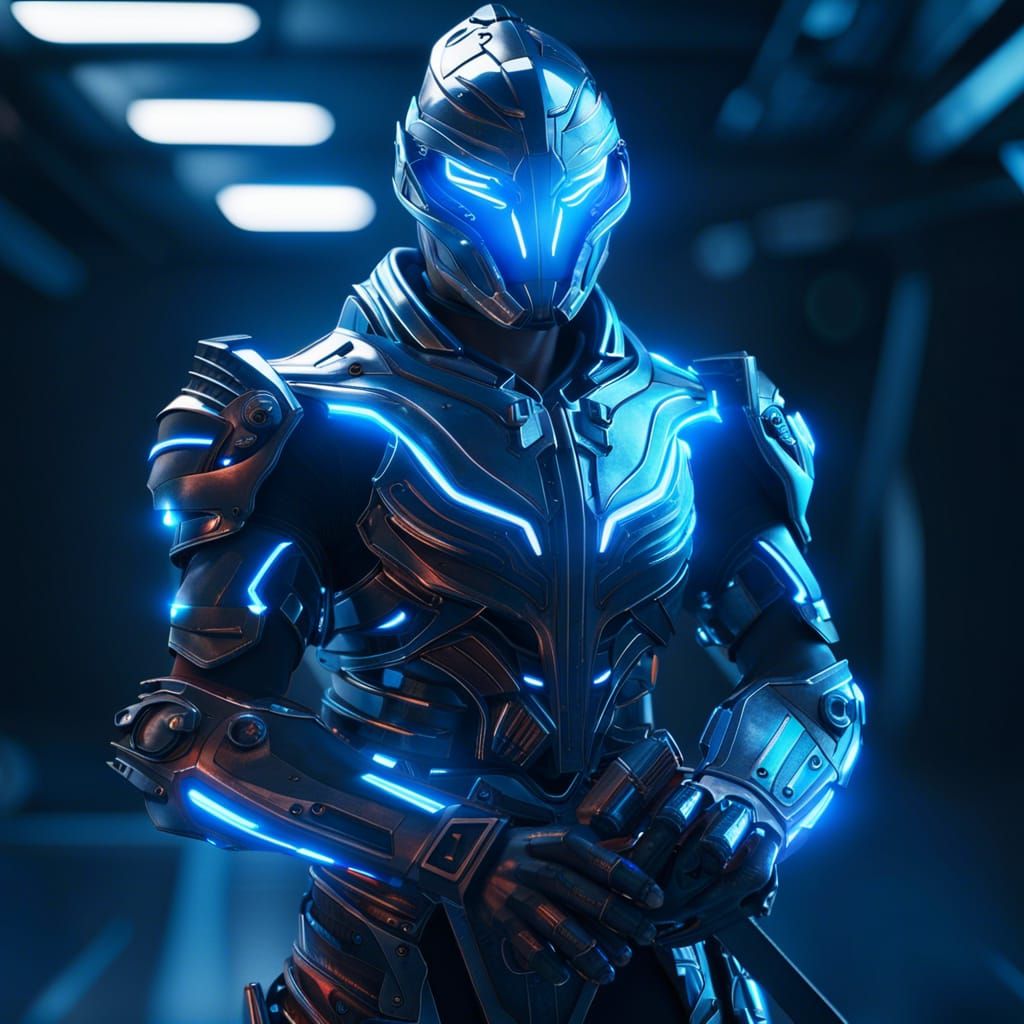 Futuristic Soldier with Glowing Armor on Battlefield