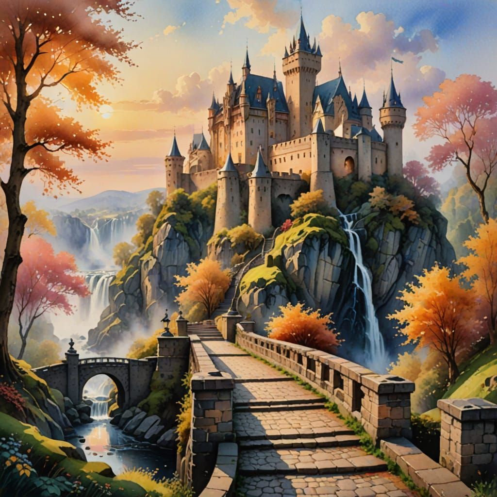 Enchanting Castle in Romantic Watercolor Style