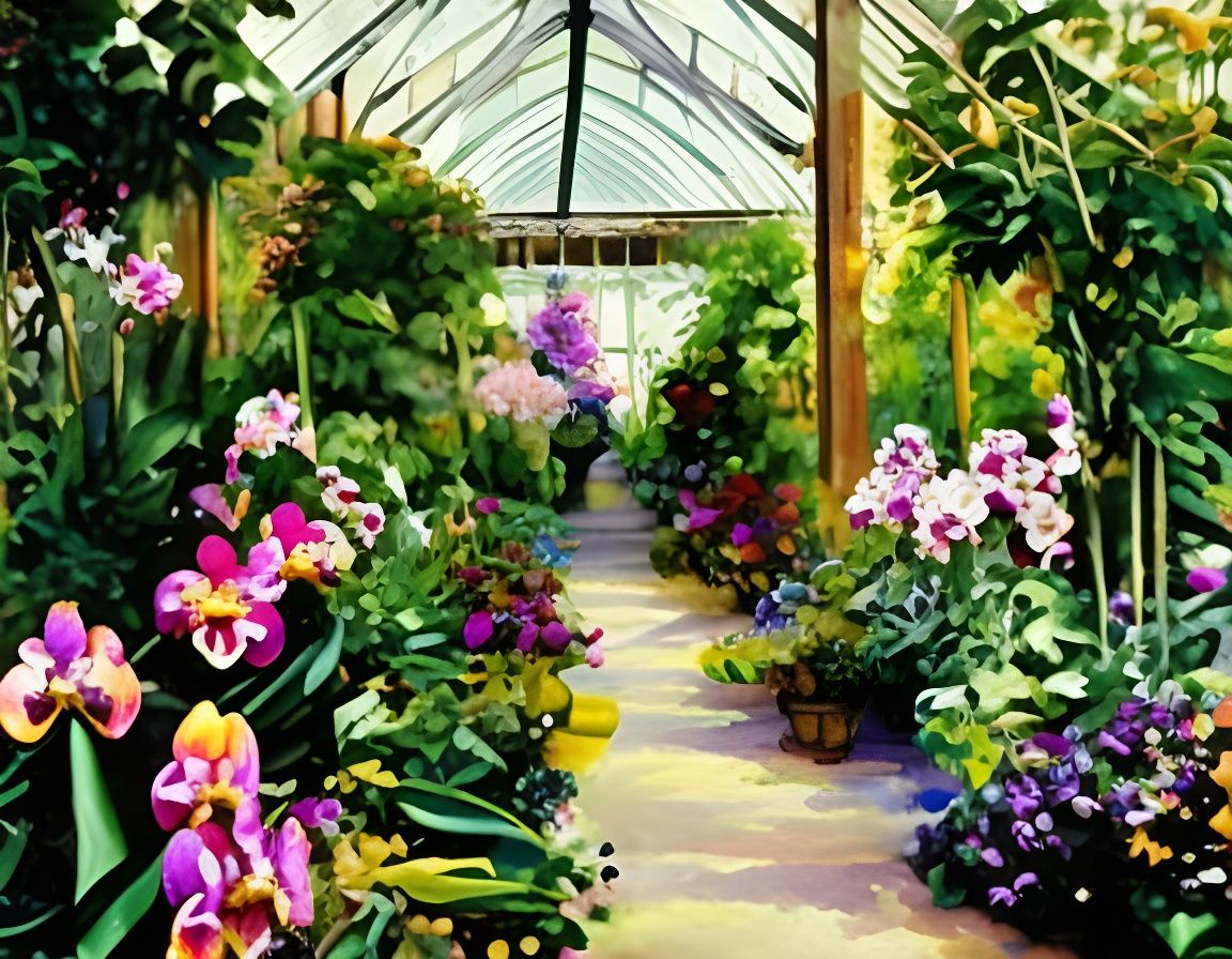 Orchids Bloom in Victorian Greenhouse: Gouache Watercolor Pa...